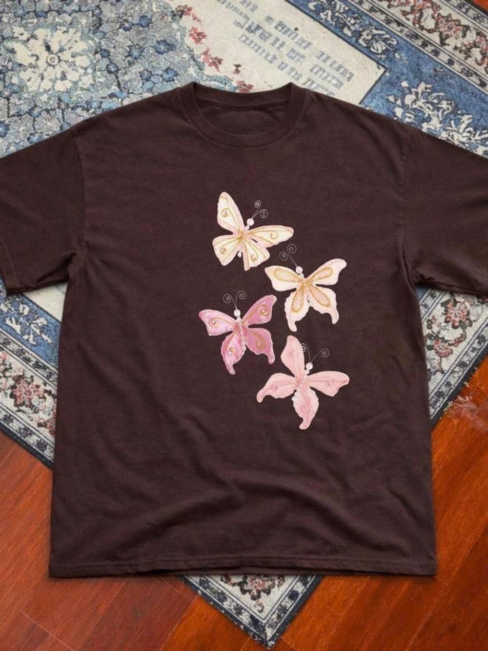 Gildan Brown Short Sleeve Tee with Pink & Cream Butterfly Graphic